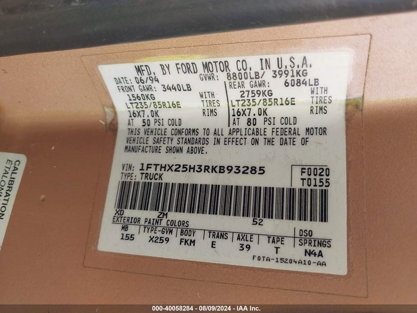 1994 Ford F250 VIN: 1FTHX25H3RKB93285 Lot: 40058284