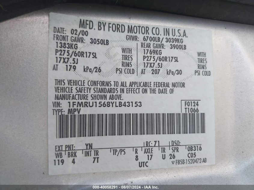 2000 Ford Expedition Xlt VIN: 1FMRU1568YLB43153 Lot: 40058291