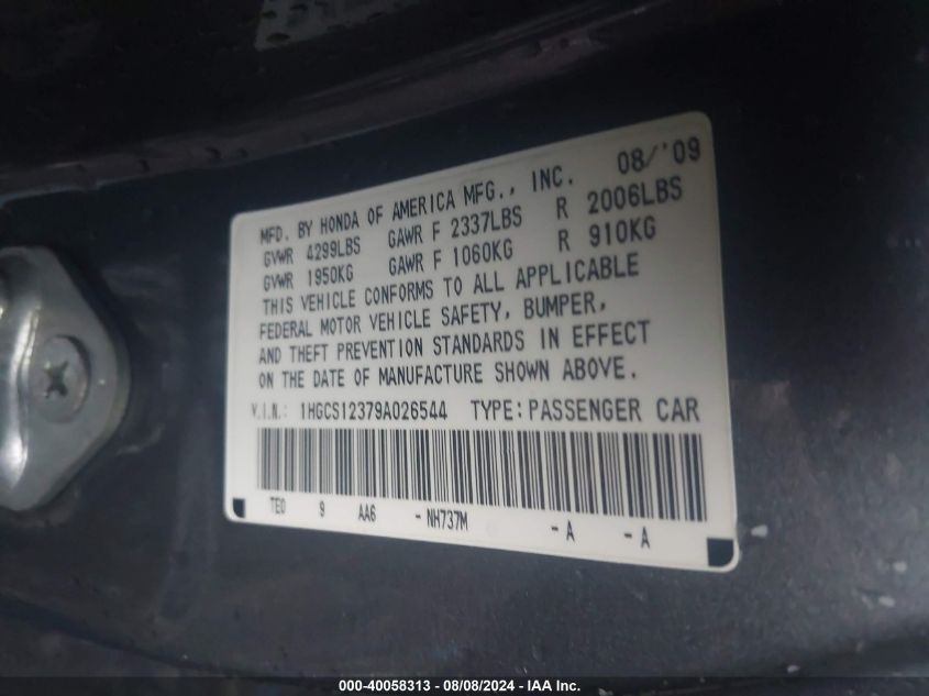 1HGCS12379A026544 2009 Honda Accord 2.4 Lx-S