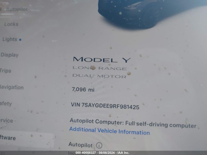 2024 Tesla Model Y Long Range Dual Motor All-Wheel Drive VIN: 7SAYGDEE9RF981425 Lot: 40058327