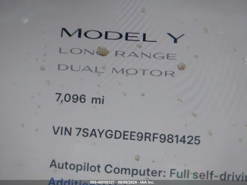 2024 Tesla Model Y Long Range Dual Motor All-Wheel Drive VIN: 7SAYGDEE9RF981425 Lot: 40058327