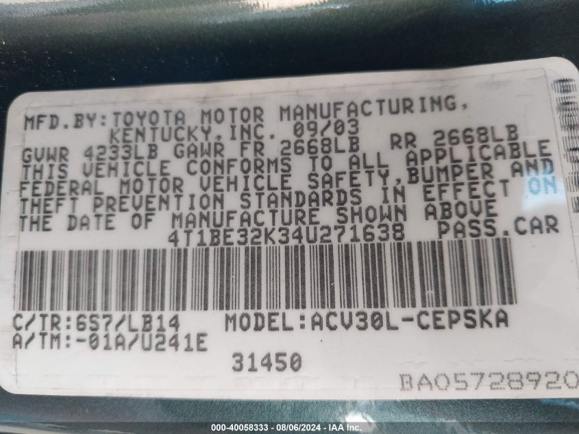 2004 Toyota Camry Se VIN: 4T1BE32K34U271638 Lot: 40058333