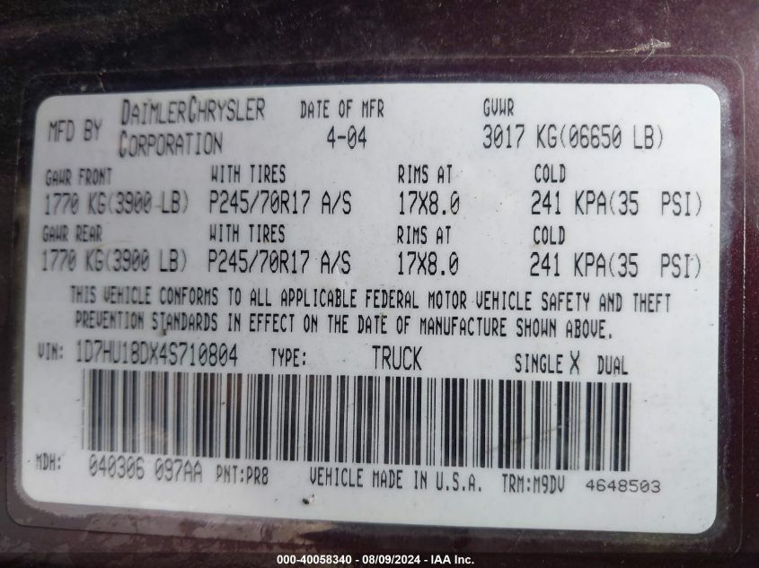 2004 Dodge Ram 1500 Slt/Laramie VIN: 1D7HU18DX4S710804 Lot: 40058340