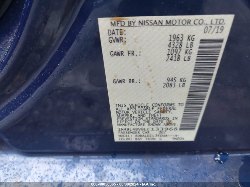 VIN 1N4BL4BV8LC133968 2020 NISSAN ALTIMA S FWD