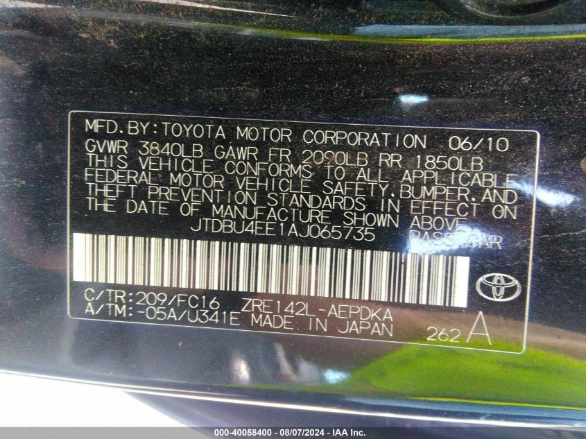2010 Toyota Corolla Le VIN: JTDBU4EE1AJ065735 Lot: 40058400