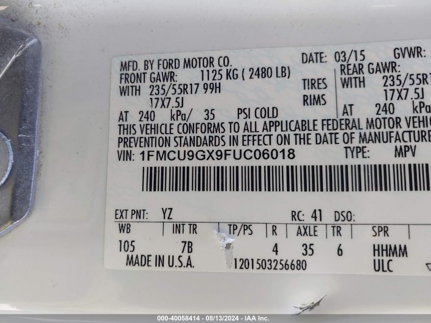 2015 Ford Escape Se VIN: 1FMCU9GX9FUC06018 Lot: 40058414