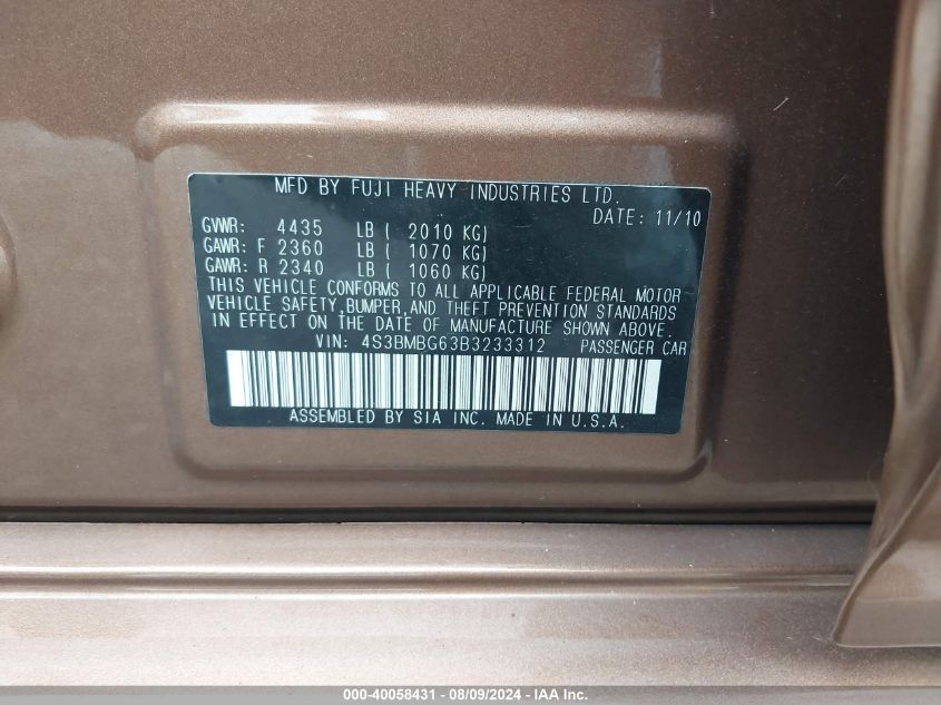 2011 Subaru Legacy 2.5I Premium VIN: 4S3BMBG63B3233312 Lot: 40058431