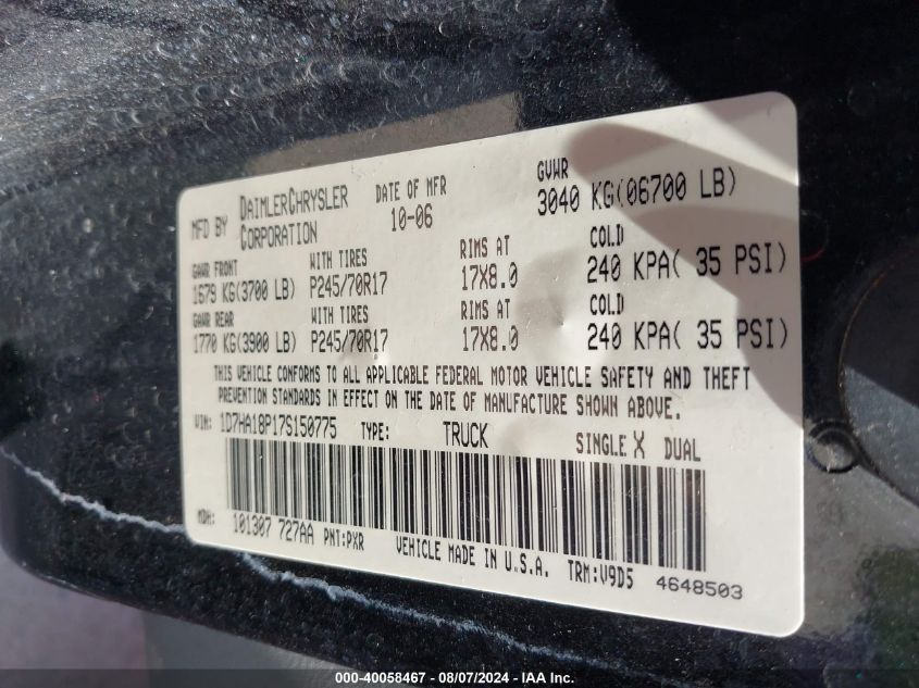 2007 Dodge Ram 1500 Slt VIN: 1D7HA18P17S150775 Lot: 40058467