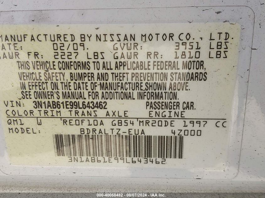 2009 Nissan Sentra 2.0S VIN: 3N1AB61E99L643462 Lot: 40058482