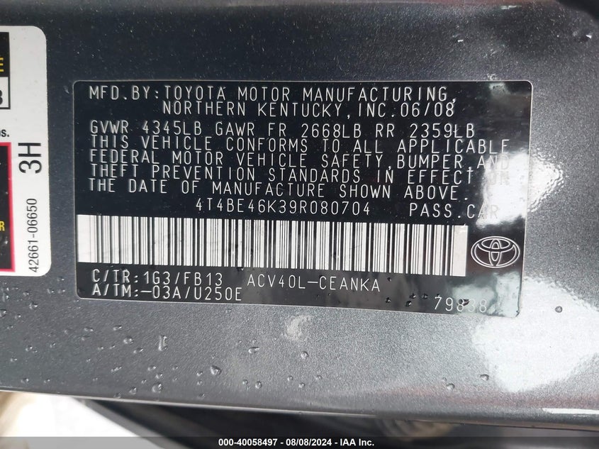 2009 Toyota Camry Le VIN: 4T4BE46K39R080704 Lot: 40058497