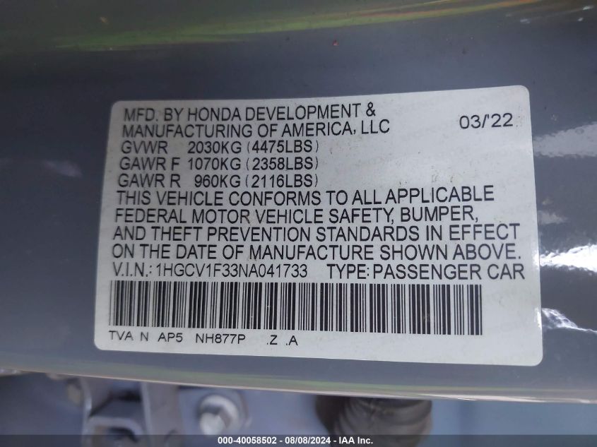 2022 Honda Accord Sport VIN: 1HGCV1F33NA041733 Lot: 40058502