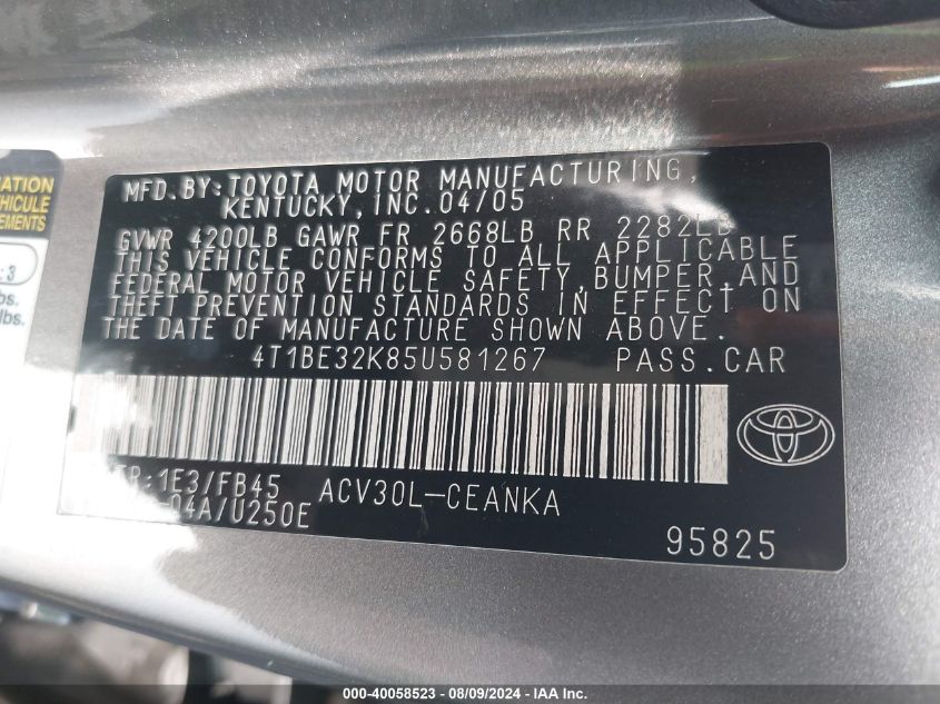 2005 Toyota Camry Le VIN: 4T1BE32K85U581267 Lot: 40058523