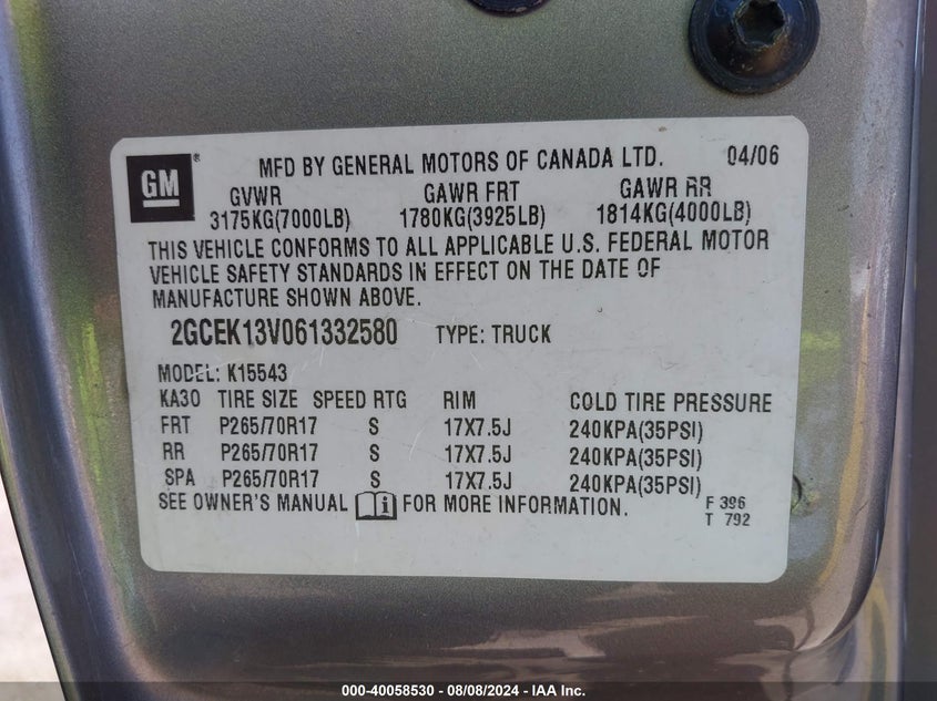 2006 Chevrolet Silverado 1500 Ls VIN: 2GCEK13V061332580 Lot: 40058530