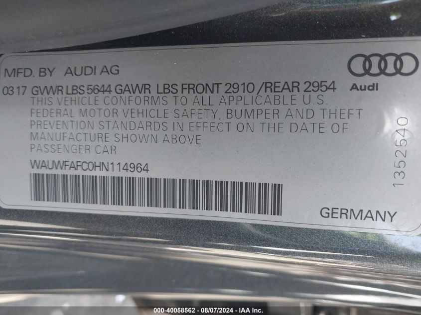 WAUWFAFC0HN114964 2017 Audi S7 4.0T Premium Plus