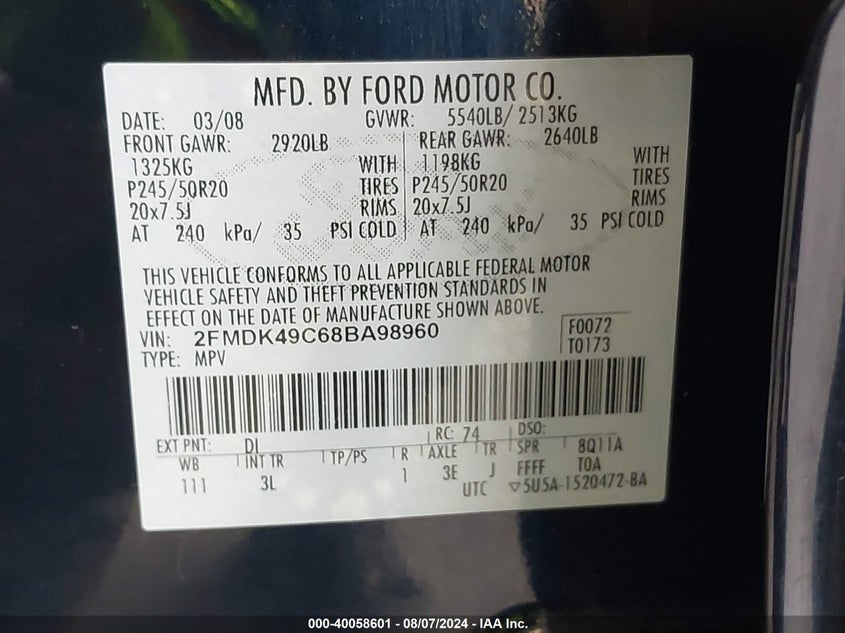 2008 Ford Edge Limited VIN: 2FMDK49C68BA98960 Lot: 40058601