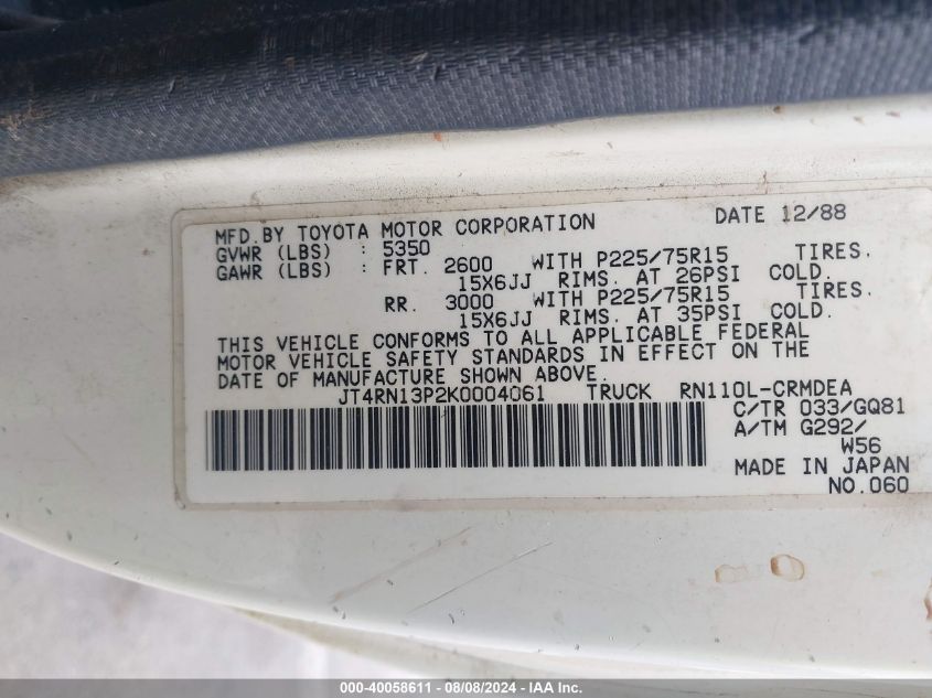 1989 Toyota Pickup 1/2 Ton Ex Lng Whlbse Dlx VIN: JT4RN13P2K0004061 Lot: 40058611