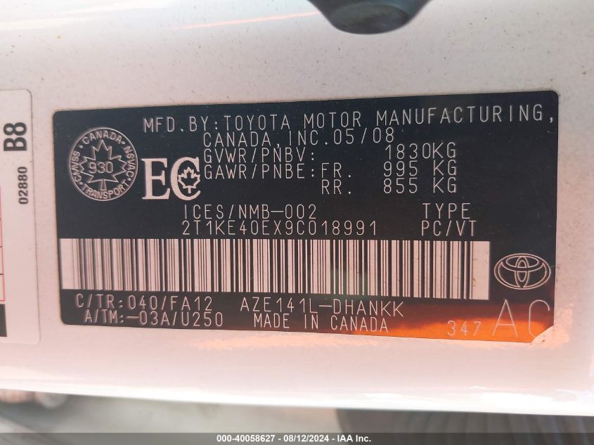 2009 Toyota Matrix Xr VIN: 2T1KE40EX9C018991 Lot: 40058627