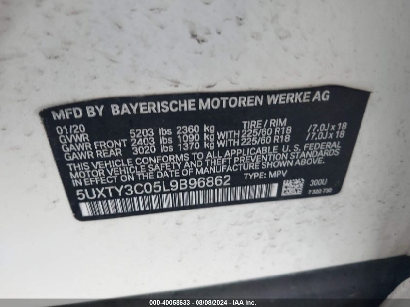 2020 BMW X3 Sdrive30I VIN: 5UXTY3C05L9B96862 Lot: 40058633