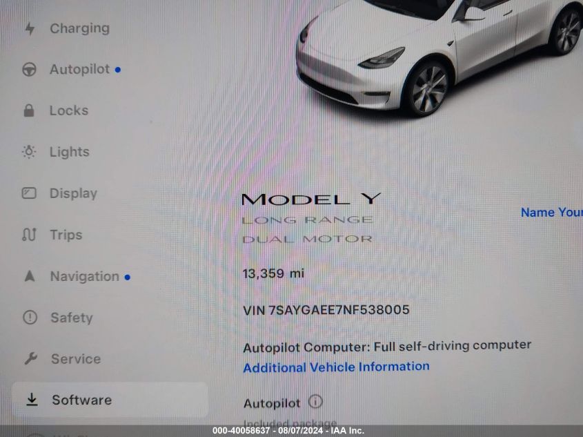 2022 Tesla Model Y Long Range Dual Motor All-Wheel Drive VIN: 7SAYGAEE7NF538005 Lot: 40058637