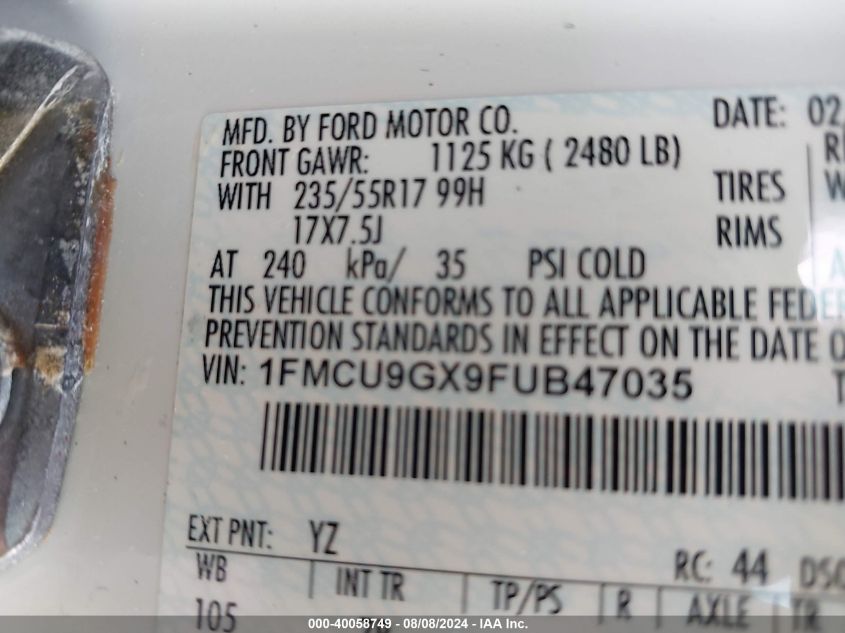 2015 Ford Escape Se VIN: 1FMCU9GX9FUB47035 Lot: 40058749