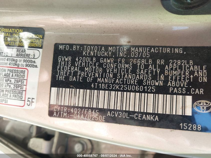 2005 Toyota Camry Le VIN: 4T1BE32K25U060125 Lot: 40058767