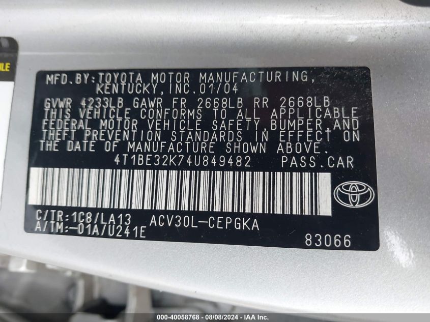 2004 Toyota Camry Le/Xle/Se VIN: 4T1BE32K74U849482 Lot: 40058768