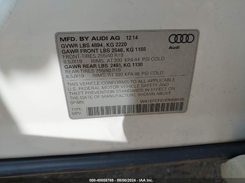 WA1EFCFS1FR008105 2015 Audi Q3 2.0T Premium Plus