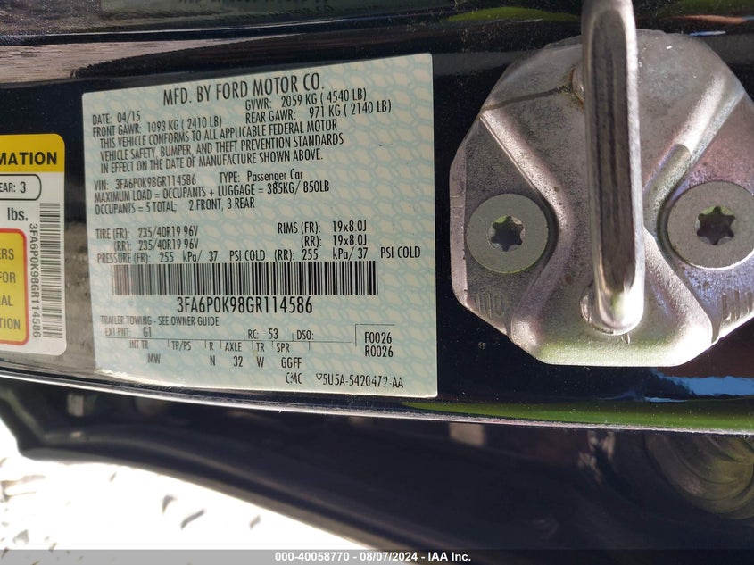 2016 Ford Fusion Titanium VIN: 3FA6P0K98GR114586 Lot: 40058770