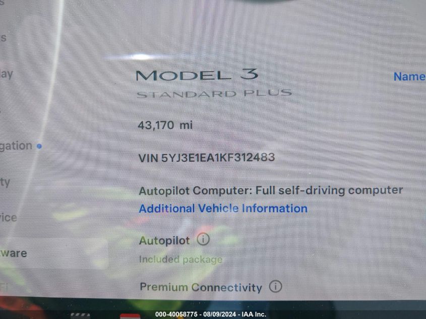 2019 Tesla Model 3 Long Range/Mid Range/Standard Range/Standard Range Plus VIN: 5YJ3E1EA1KF312483 Lot: 40058775