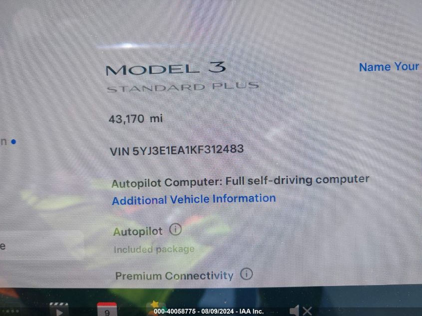 2019 Tesla Model 3 Long Range/Mid Range/Standard Range/Standard Range Plus VIN: 5YJ3E1EA1KF312483 Lot: 40058775