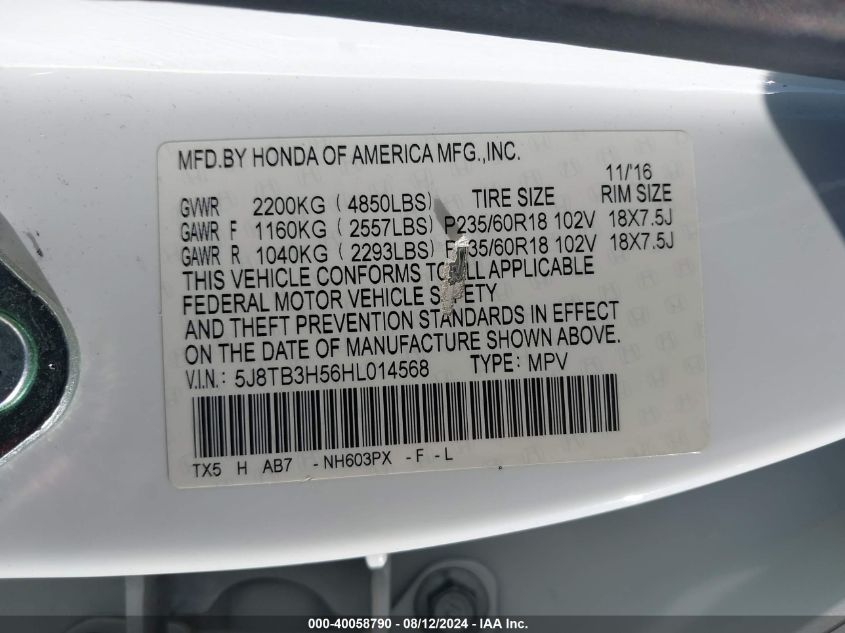 2017 Acura Rdx Technology Acurawatch Plus Packages/W/Technology Package VIN: 5J8TB3H56HL014568 Lot: 40058790