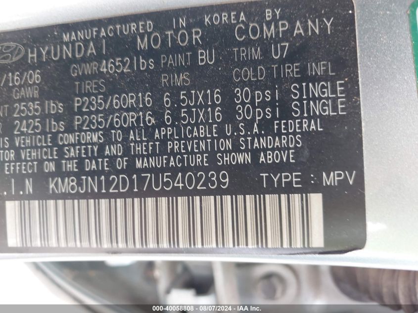 2007 Hyundai Tucson Limited/Se VIN: KM8JN12D17U540239 Lot: 40058808