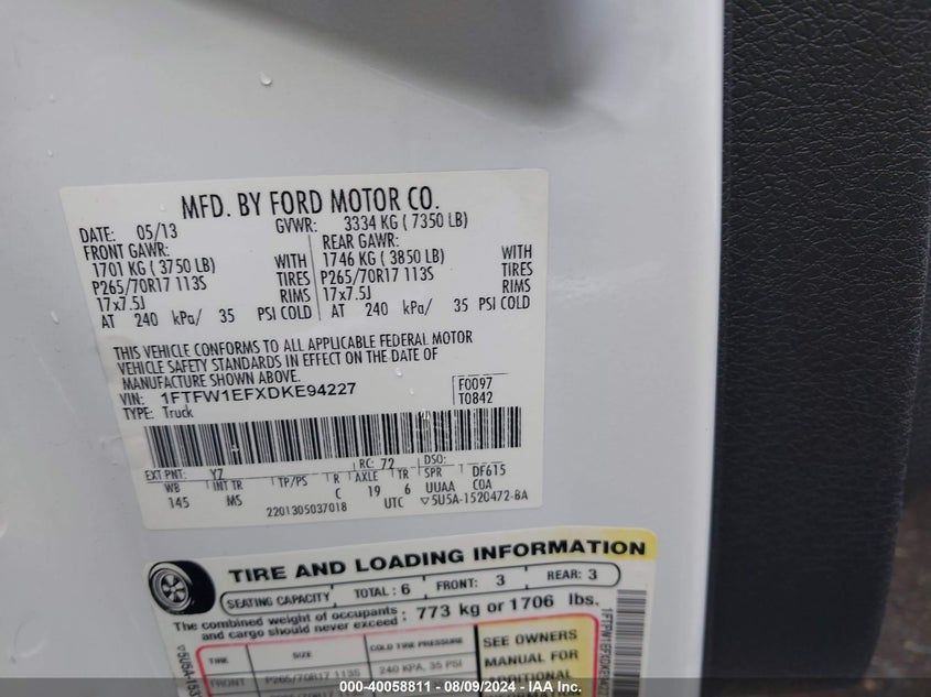 2013 Ford F-150 Xlt VIN: 1FTFW1EFXDKE94227 Lot: 40058811