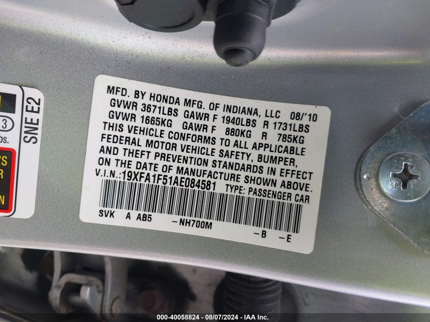 2010 Honda Civic Lx VIN: 19XFA1F51AE084581 Lot: 40058824