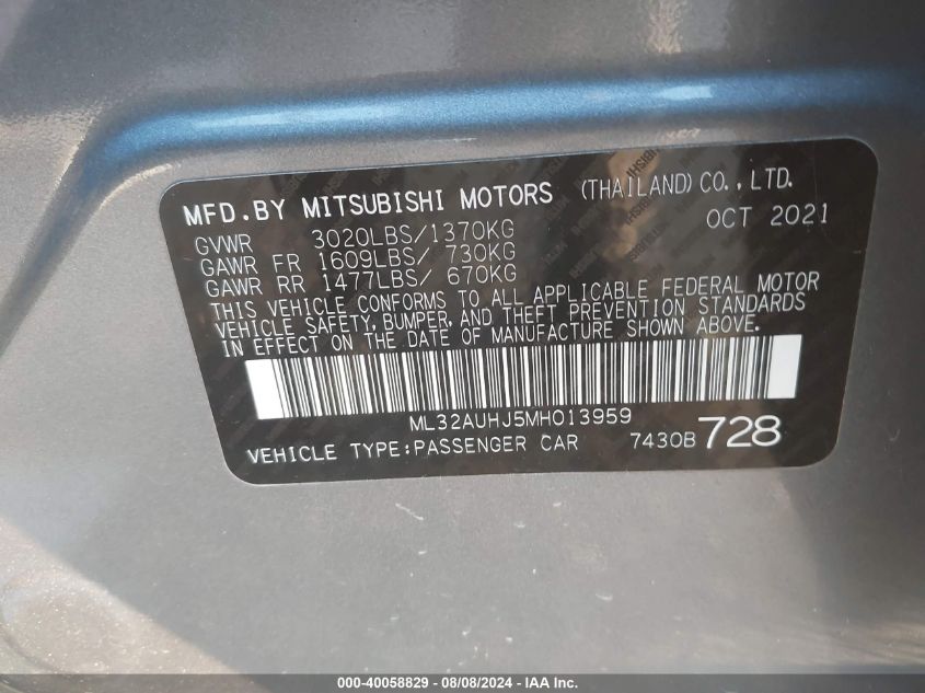 2021 Mitsubishi Mirage Es/Le/Carbonite Edition VIN: ML32AUHJ5MH013959 Lot: 40058829