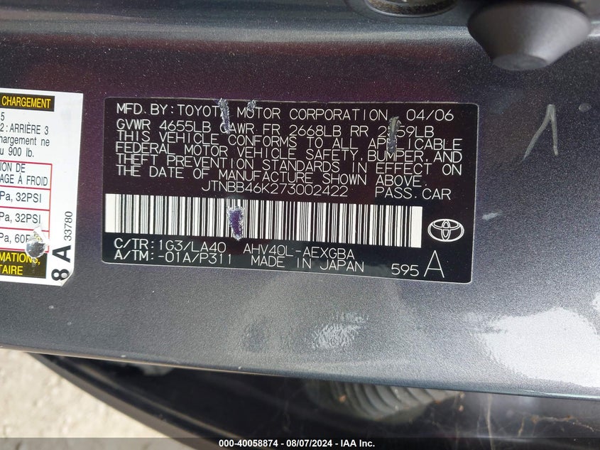 2007 Toyota Camry Hybrid Hybrid VIN: JTNBB46K273002422 Lot: 40058874