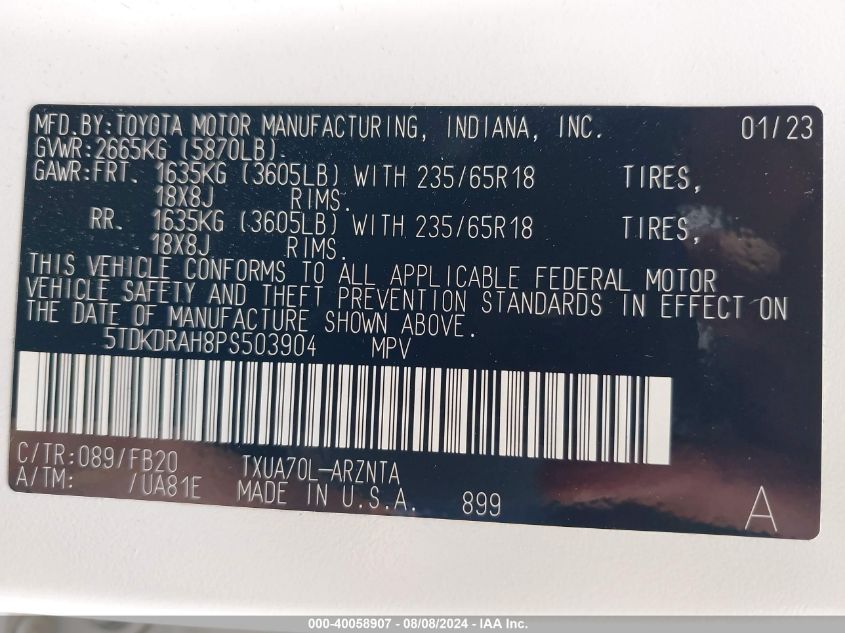 2023 Toyota Highlander L/Le/Xle/Limited/Platinum/Xse VIN: 5TDKDRAH8PS503904 Lot: 40058907