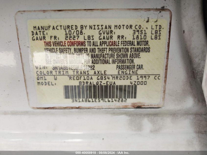 2009 Nissan Sentra 2.0/2.0S/2.0Sl VIN: 3N1AB61E59L614282 Lot: 40058918