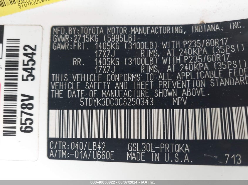 2012 Toyota Sienna Xle V6 8 Passenger VIN: 5TDYK3DC0CS250343 Lot: 40058922