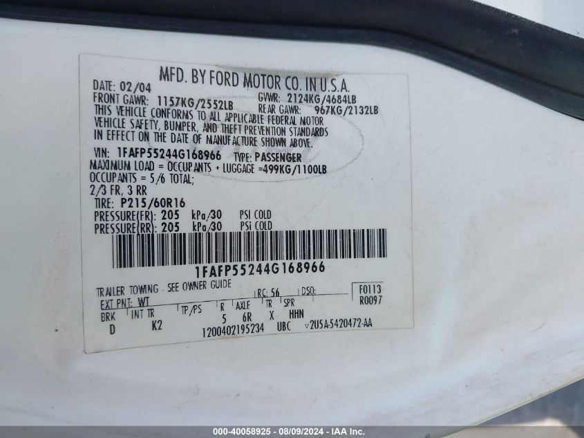 1FAFP55244G168966 2004 Ford Taurus Ses