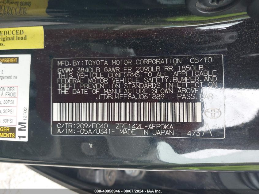 2010 Toyota Corolla Le VIN: JTDBU4EE8AJ061889 Lot: 40058946