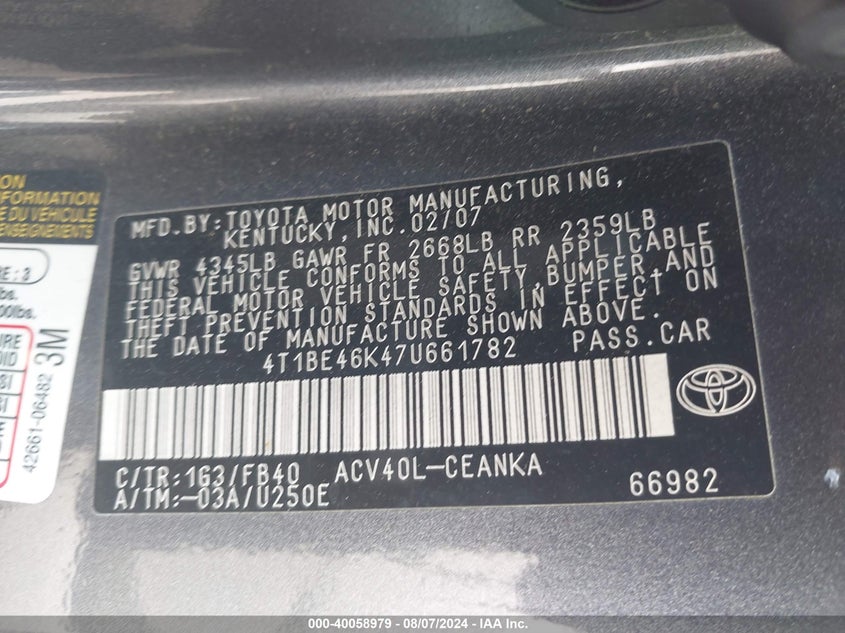 2007 Toyota Camry Le VIN: 4T1BE46K47U661782 Lot: 40058979
