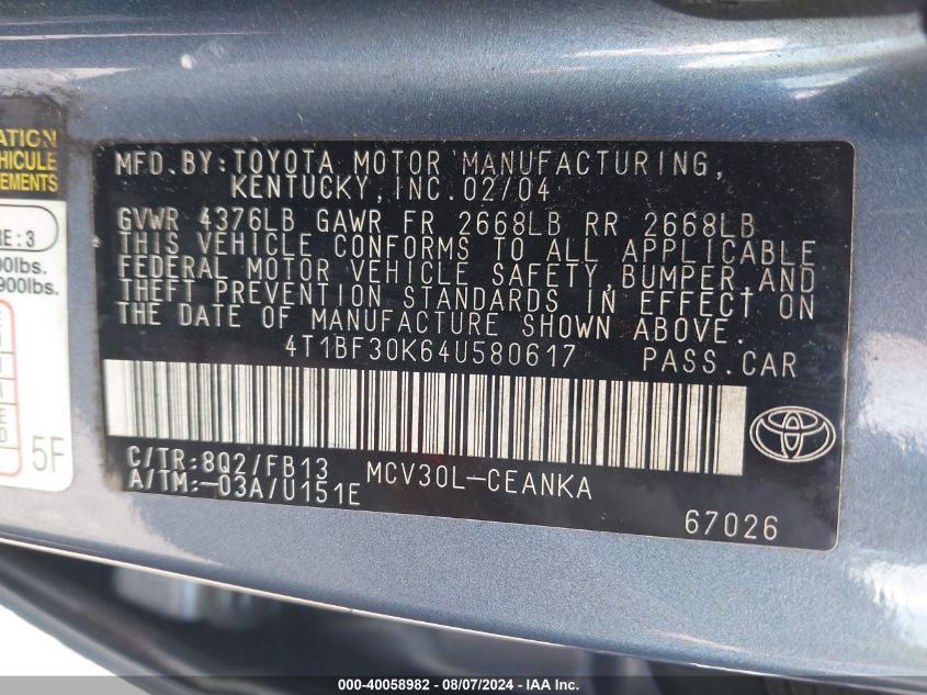 2004 Toyota Camry Le V6 VIN: 4T1BF30K64U580617 Lot: 40058982