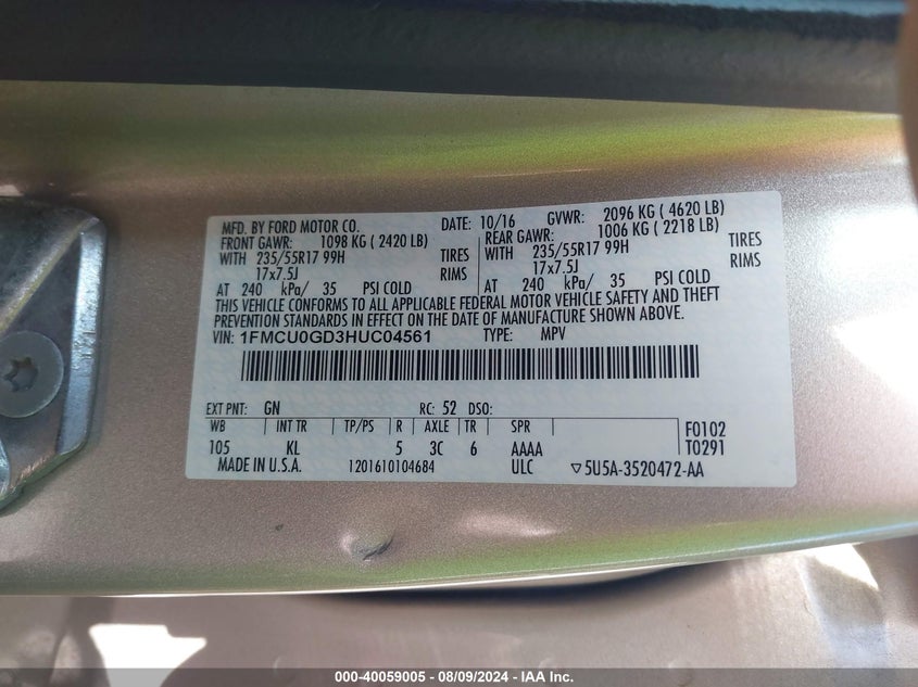 VIN 1FMCU0GD3HUC04561 2017 FORD ESCAPE SE
