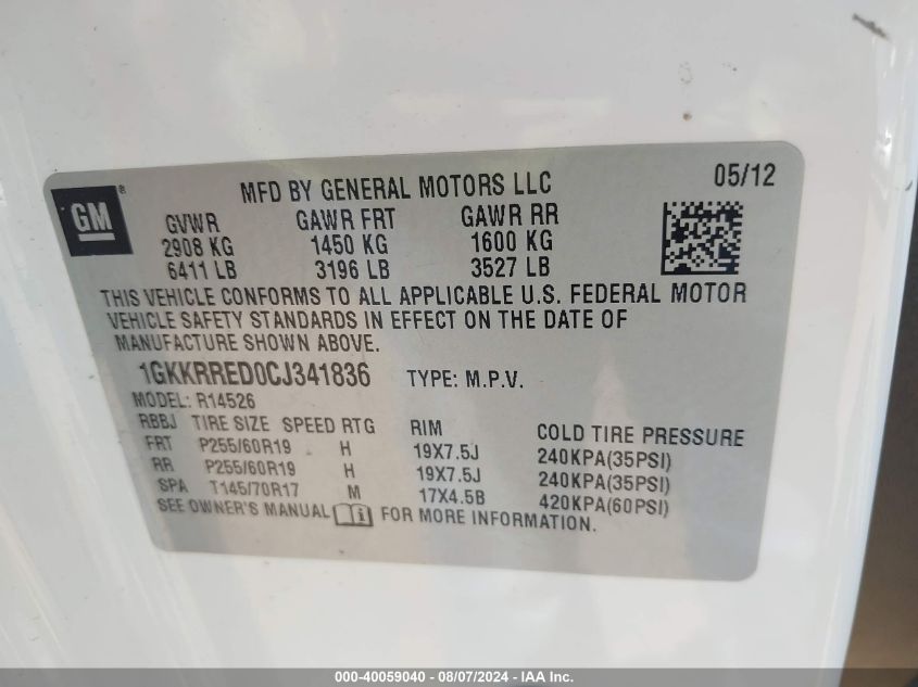 2012 GMC Acadia Slt-1 VIN: 1GKKRRED0CJ341836 Lot: 40059040