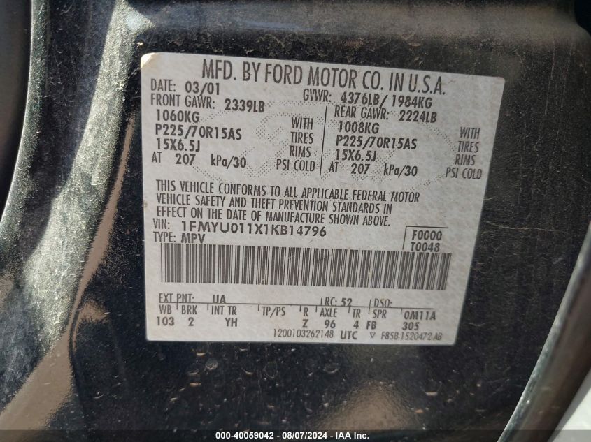 2001 Ford Escape Xls VIN: 1FMYU011X1KB14796 Lot: 40059042