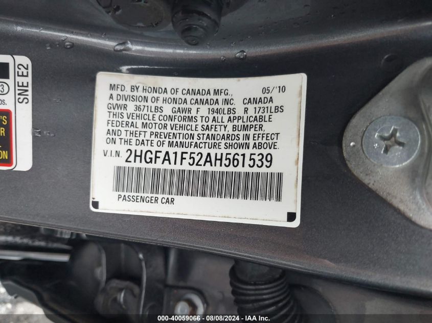 2HGFA1F52AH561539 2010 Honda Civic Lx