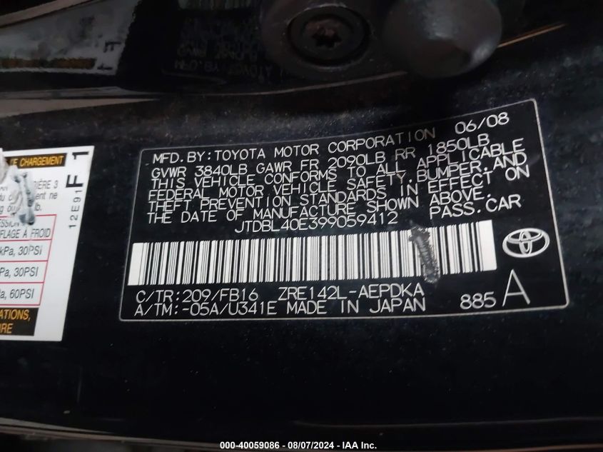 JTDBL40E399059412 2009 Toyota Corolla Le