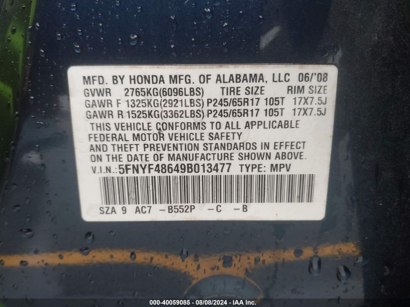 2009 Honda Pilot Exl VIN: 5FNYF48649B013477 Lot: 40059085