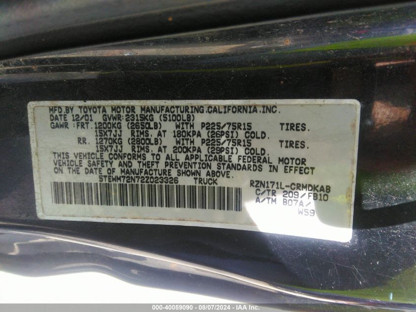 2002 Toyota Tacoma Xtracab VIN: 5TEWM72N72Z023326 Lot: 40059090